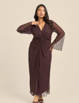 Women's Curve Twist Front Plain Mesh Midaxi Dress in Brown Size: 16 - Brown - Size: 16 - FASHION-SZN - FashionsVida