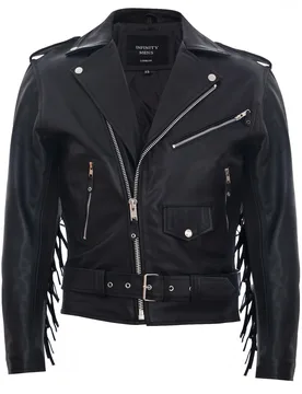 Mens Fringe Hide Brando Tasseled Motorcycle Biker Jacket - Black - Size 3xl - Infinity Leather - FashionsVida