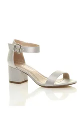 Mid Block Heel Ankle Strap Sandals - Silver - Size: 5