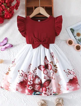 Vestido de estilo de vacaciones dulce con estampado de rosas localizado, manga con volantes y lazo para niñas - Shein - FashionsVida