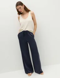 Satin Drawstring Wide Leg Trousers Navy female