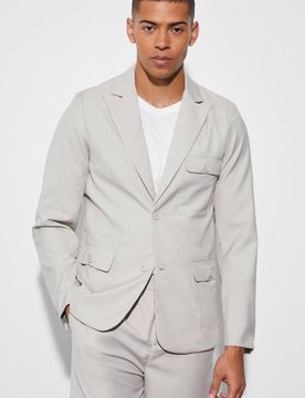 Herren Schlanke Einreihige Cargo-Anzugjacke Taupe Größe 36