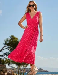 Metallic Spot Print V-Neck Midaxi Wrap Dress Orange Mix female