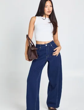 Womens Petite Mid Waist Twisted Seam Barrel Leg Jean - Indigo Blue Cotton - Size 16 Uk - Boohoo - FashionsVida