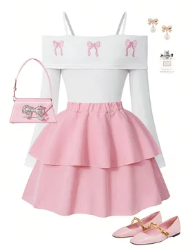 Conjunto de camiseta elegante para niñas preadolescentes, blusa de punto blanca combinada con falda de tela negra con diseño de pastel, la blusa dec - Shein - FashionsVida