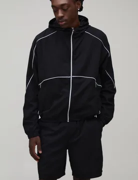 Men's Funnel Neck Piping Wind Breaker & Baggy Short Set Black Size Medium Black M - boohooMAN - FashionsVida