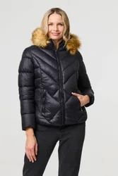 Faux Fur Trim Hooded Puffer Jacket - Black - Size: 16
