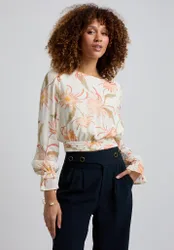 Maria Tie Back Moonflower Print Blouse In Cream - 8