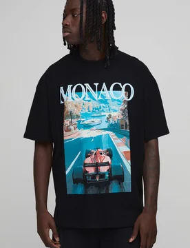 Men's Oversized Extended Neck Monaco Racing Print T-Shirt Black Size Large Black L - boohooMAN - FashionsVida