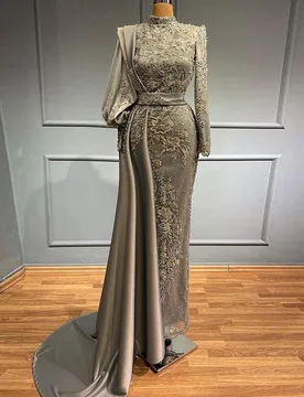 Grey Muslim Evening Dresses with Long Sleeves 2022 High Neck Robe De Marrige Bead Arabic Dubai Formal Prom Gowns - Aliexpress - FashionsVida