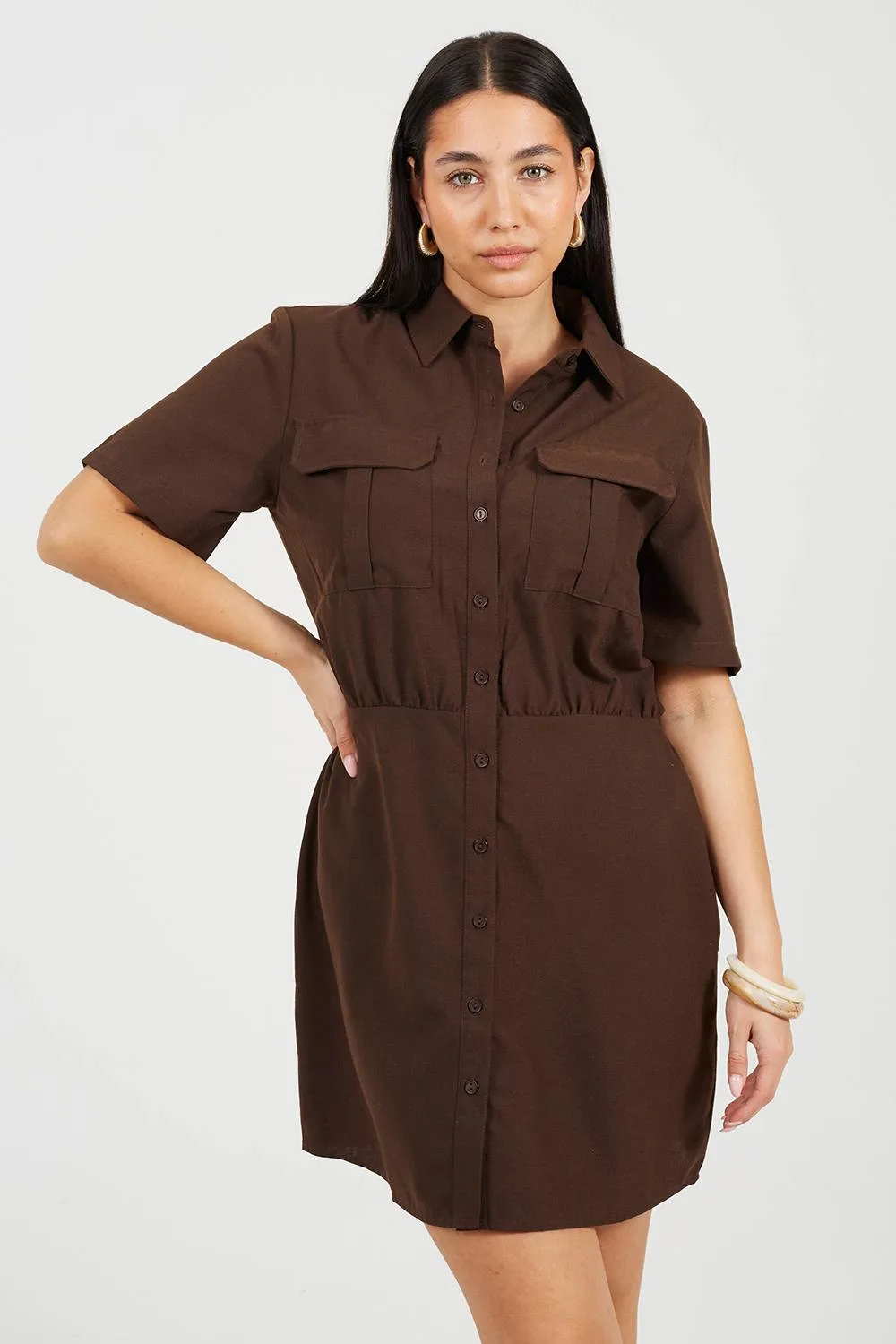 Women's Collared Button Down Mini Shirt Dress in Chocolate Size: Medium - Chocolate - Size: M - Brave soul - FashionsVida