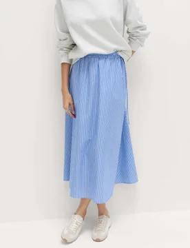 Pure Cotton Poplin Striped Pleated Midi Skirt Blue Mix female - M&S - FashionsVida