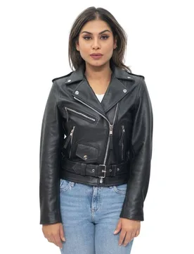 Women's Cowhide Brando Leather Biker Jacket-Murcia in Black Size: 14 - Black - Size: 14 - Infinity Leather - FashionsVida