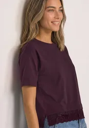 T-Shirt mit Rundhals und Spitze am Saum female Rot