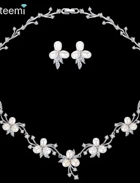 LUOTEEMI Luxury Freshwater Pearl Bridal Flower Clear CZ Crystal Necklace Earrings Set For Women Anniversary Jewelry - Aliexpress - FashionsVida