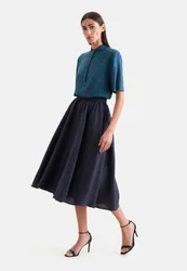 Weit schwingender Rock mit Taillenbund aus 100% Leinen Blau 40