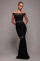 Off The Shoulder Ribbed Bodycon Maxi Dress - Black - Size: 10