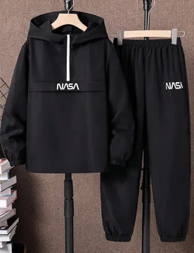 Piezas/Set Sudadera con capucha de media cremallera y pantalones de chándal para adolescente, negro, verano, moda callejera casual con gráficos, tra - Shein - FashionsVida