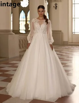 Sevintage 2025 Tulle Wedding Dress Appliques Lace Puff Long Sleeve Elegant A Line Bridal Gowns robe de mariée Customized - Aliexpress - FashionsVida