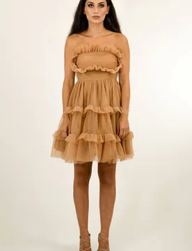 Strapless Layered Tulle Frill Mini Dress - Light Brown - Size: 8 - BALOU - FashionsVida