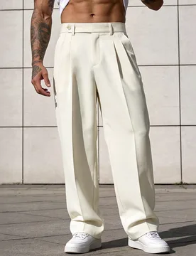 Pantalones de traje blanco crema para hombre, pantalones de traje rectos holgados casuales elegantes versátiles retro para oficina, verano, Copa del - Shein - FashionsVida