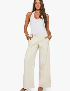 Womens Low Rise Belted Straight Leg Trousers - Ecru - Size 14 Uk - Boohoo - FashionsVida