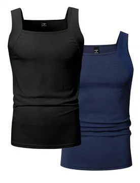 Camiseta de tirantes casual de corte slim con cuello cuadrado y pliegues, de unicolor, para hombre talla grande, para verano - Shein - FashionsVida