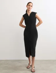 Cotton Blend V-Neck Midaxi Column Dress Black female
