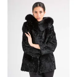Chaqueta de pelo de mujer de cordero del Tíbet con capucha de zorro