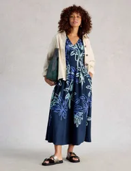 Linen Blend Printed Midi Skater Dress Navy Mix female