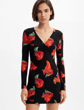 Mini robe tissu côtelé fleurs BLACK L female - Desigual - FashionsVida