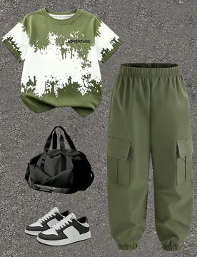 Conjunto de camiseta de manga corta con estampado gráfico de color degradado y pantalones cargo para niño, conjunto de vestir casual de moda para oc - Shein - FashionsVida