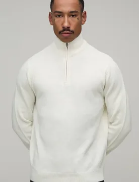 Herren Normal Geschnittener Strickpullover Mit Viertelreißverschluss Ecru Größe Large - boohooMAN - FashionsVida