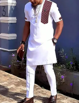 Conjunto de 2 piezas de traje africano para hombre con camisa de manga corta con empalme y pantalones casuales, ropa tradicional clásica y elegante p - Shein - FashionsVida