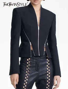 TWOTWINSTYLE Solid Vintage Blazers For Women V Neck Long Sleeve Patchwork Zipper Minimalist Casual Blazer Female Fashion Clothes - Aliexpress - FashionsVida