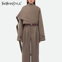 TWOTWINSTYLE Solid Patchwork Button Chic Coats For Women Scarf Collar Long Sleeve Asymmetrical Temperament Jacket Female Style