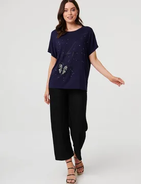 Women's Butterfly Embellished Relaxed T-Shirt in Navy Size: 16 - Navy - Size: 16 - Izabel London - FashionsVida