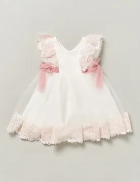Abito bianco in tulle e pizzo con dettagli rosa e fiocchi - Abel & Lula - FashionsVida