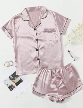 Conjunto de pijama de satén con ribete de contraste - Shein - FashionsVida
