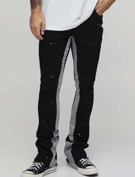 Men's Skinny Stacked Flare Paint Splatter Gusset Trouser Black Size 36 Black 36 - boohooMAN - FashionsVida