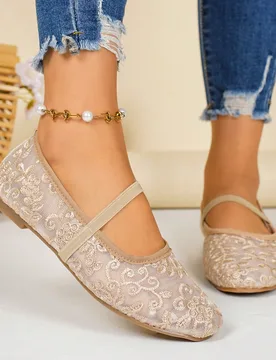 Bailarinas planas de malla con punta cuadrada, lindas, zapatos de verano, zapatos cómodos (patrón de tela aleatorio), zapatos Mary Jane, rojo, baila - Shein - FashionsVida