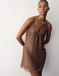 Satin Strappy Lace Detail Chemise Medium Brown female