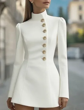Elegant stand-up collar commuter blazer for women, single-breasted, solid color mini skirt, casual long-sleeve fitted party wear - Aliexpress - FashionsVida