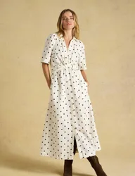Linen Cotton Blend Polka Dot Midi Dress Cream Mix female