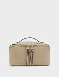 Faux Leather Fold-Out Makeup & Wash Bag Taupe female