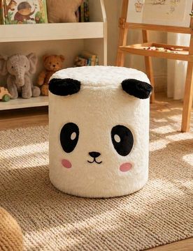 Pouf in peluche con motivo panda - bianco