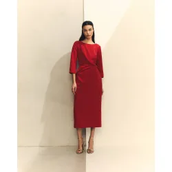 Vestido midi de manga larga con pligue delantero