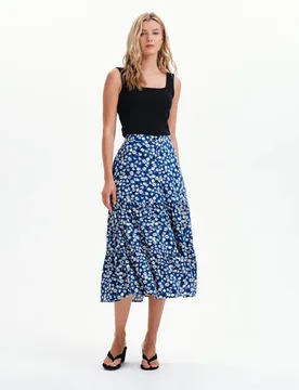 Floral Button Through Midi Tiered Skirt Navy Mix female - Finery London - FashionsVida