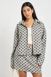 Womens Polka Dot Wool Look Collared Jacket - Grey - Size X-Large