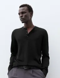 Pure Extra Fine Merino Wool Henley Jumper Black male